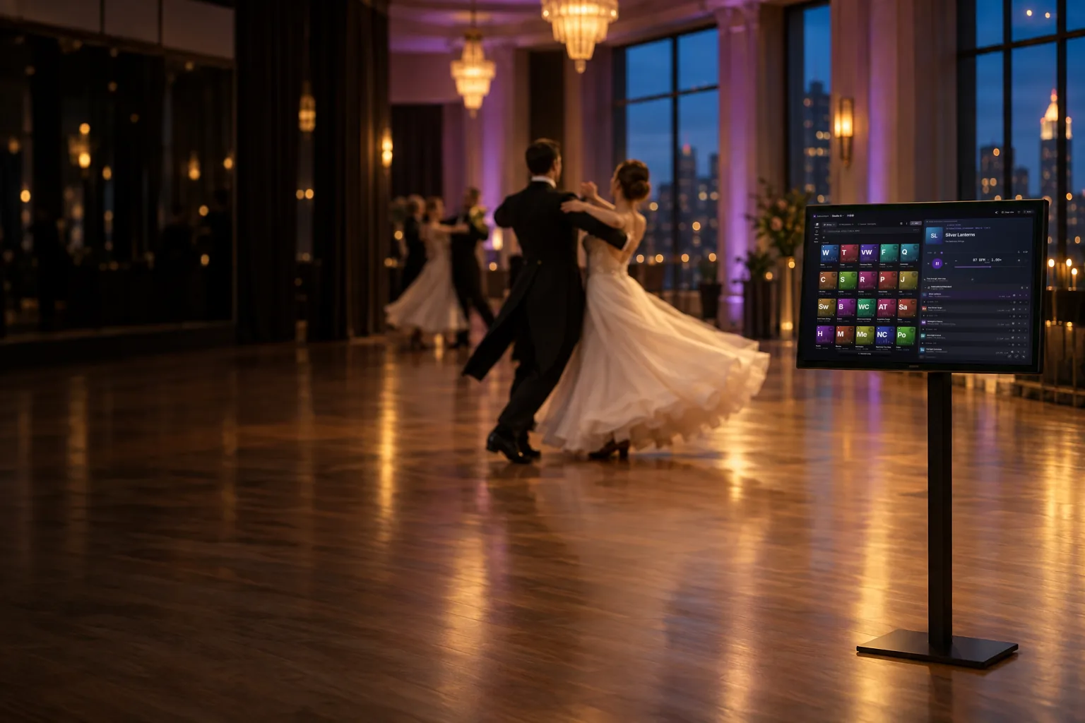 An evening class in a ballroom studio: a couple waltzes across the floor while the studio's touch panel shows BallroomSync, with a grid of dance folders on the left and an International Standard round playing on the right.